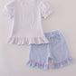 Blue character applique bow ruffle shorts set