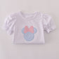 Blue character applique bow ruffle shorts set
