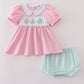 Pink teapot embroidery puff sleeve bloomer set