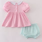 Pink teapot embroidery puff sleeve bloomer set