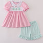 Pink teapot embroidery puff sleeve shorts set