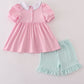 Pink teapot embroidery puff sleeve shorts set