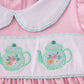 Pink teapot embroidery puff sleeve shorts set