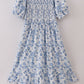 Blue smocked floral print mom dress