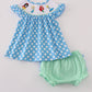 Blue dot character embroidery smocked bloomer set