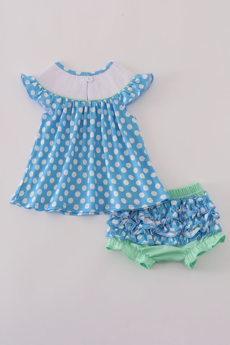 Blue dot character embroidery smocked bloomer set