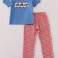 Blue tractor embroidery gingham pants set