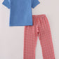 Blue tractor embroidery gingham pants set