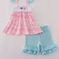Pink strawberry milk cow embroidery ruffle shorts set