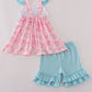 Pink strawberry milk cow embroidery ruffle shorts set