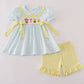 Blue character embroidery gingham ruffle shorts set