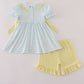 Blue character embroidery gingham ruffle shorts set