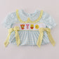 Blue character embroidery gingham ruffle shorts set