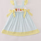 Blue character embroidery gingham ruffle dress
