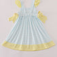 Blue character embroidery gingham ruffle dress
