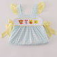 Blue character embroidery gingham ruffle dress