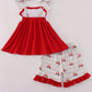 Red tractor embroidery ruffle shorts set
