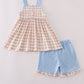 Beige puppy embroidery gingham ruffle shorts set