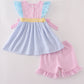Multi seersucker stripe ruffle shorts set