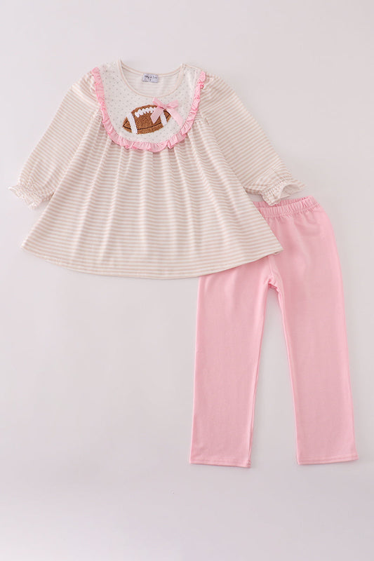 Pink football french knot ruffle stripe pants set