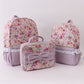 Purple floral print canvas ruffle backpack
