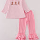 Pink stripe puppy embroidery ruffle pants set