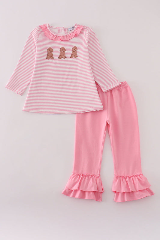 Pink stripe puppy embroidery ruffle pants set