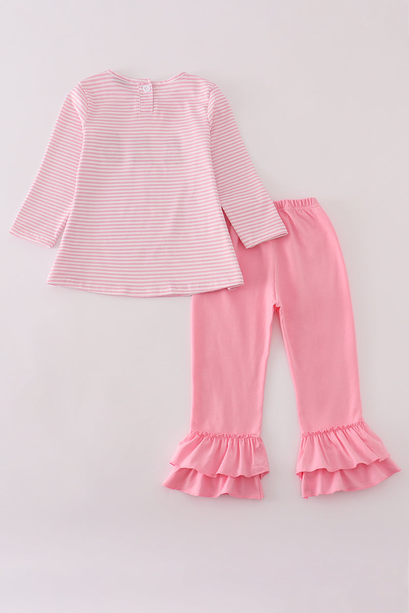 Pink stripe puppy embroidery ruffle pants set