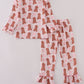 Pink puppy bow print ruffle pajamas set