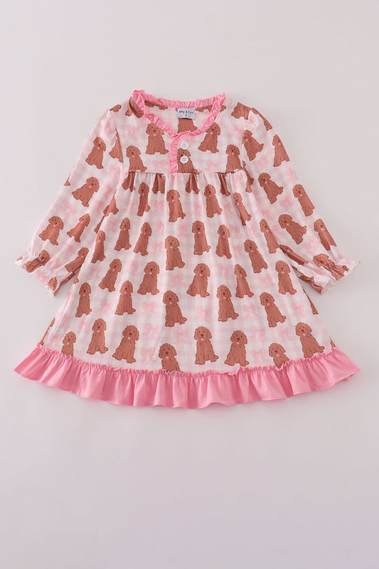 Pink puppy bow print ruffle pajamas dress