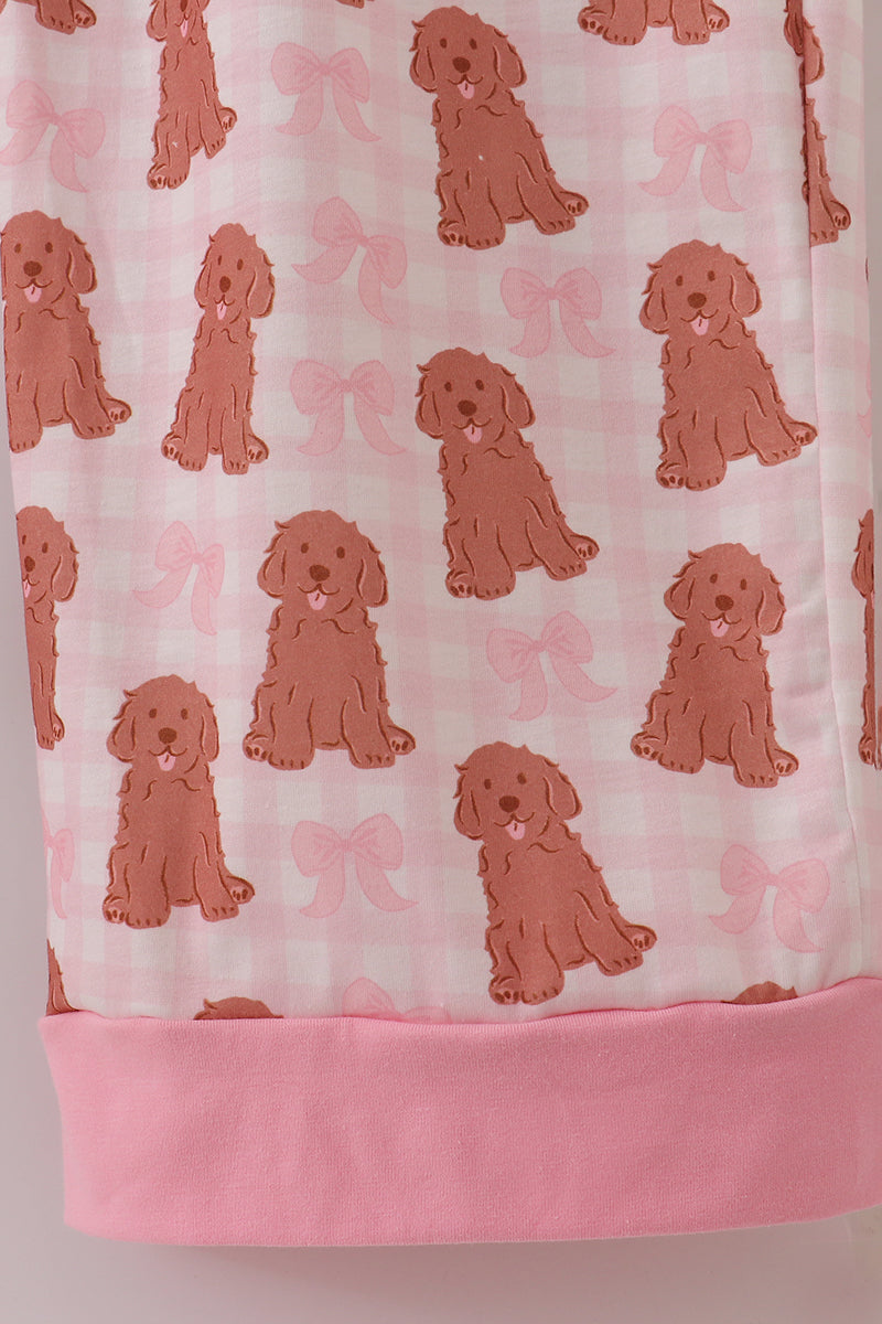 Pink puppy bow print ruffle pajamas mom pants