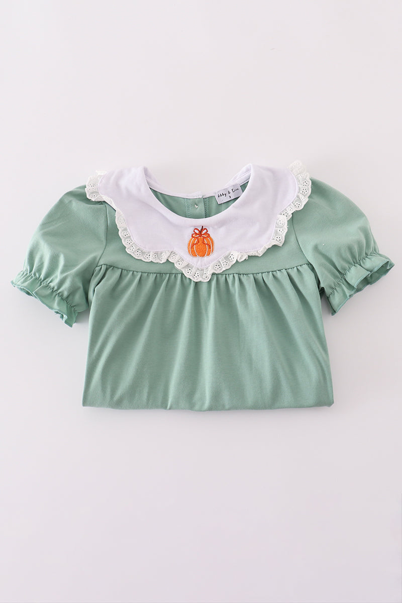 Green pumpkin bow embroidery dress