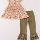 Green pumpkin bow print ruffle pants set