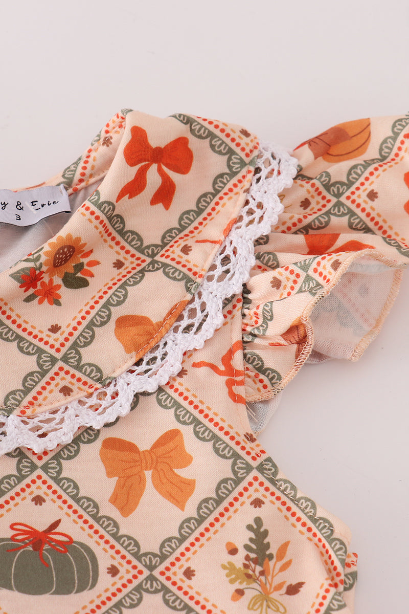 Green pumpkin bow print dress