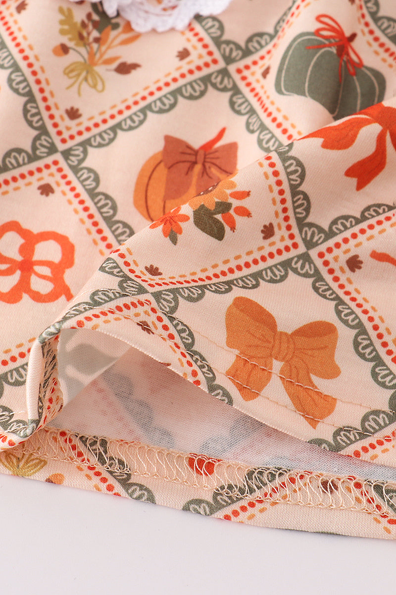 Green pumpkin bow print dress