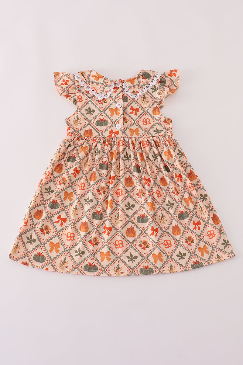 Green pumpkin bow print dress
