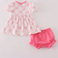 Pink bow tie embroidery ruffle bloomer set
