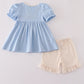 Blue pumpkin french knot ruffle shorts set