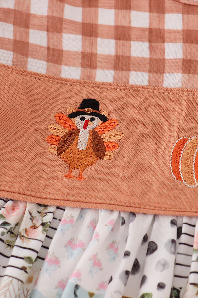Fall floral print turkey pumpkin embroidery dress