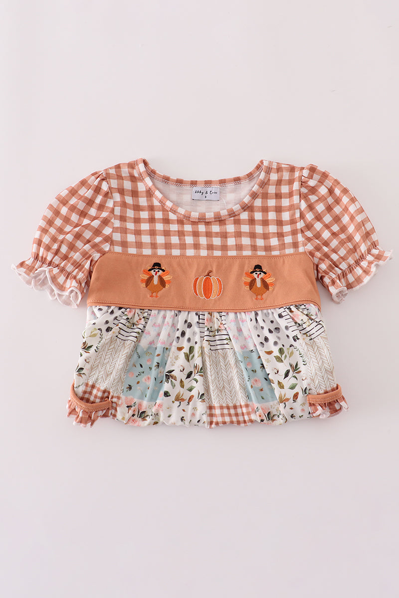 Fall floral print turkey pumpkin embroidery dress
