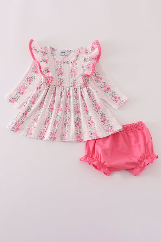 Pink floral print ruffle bloomer set
