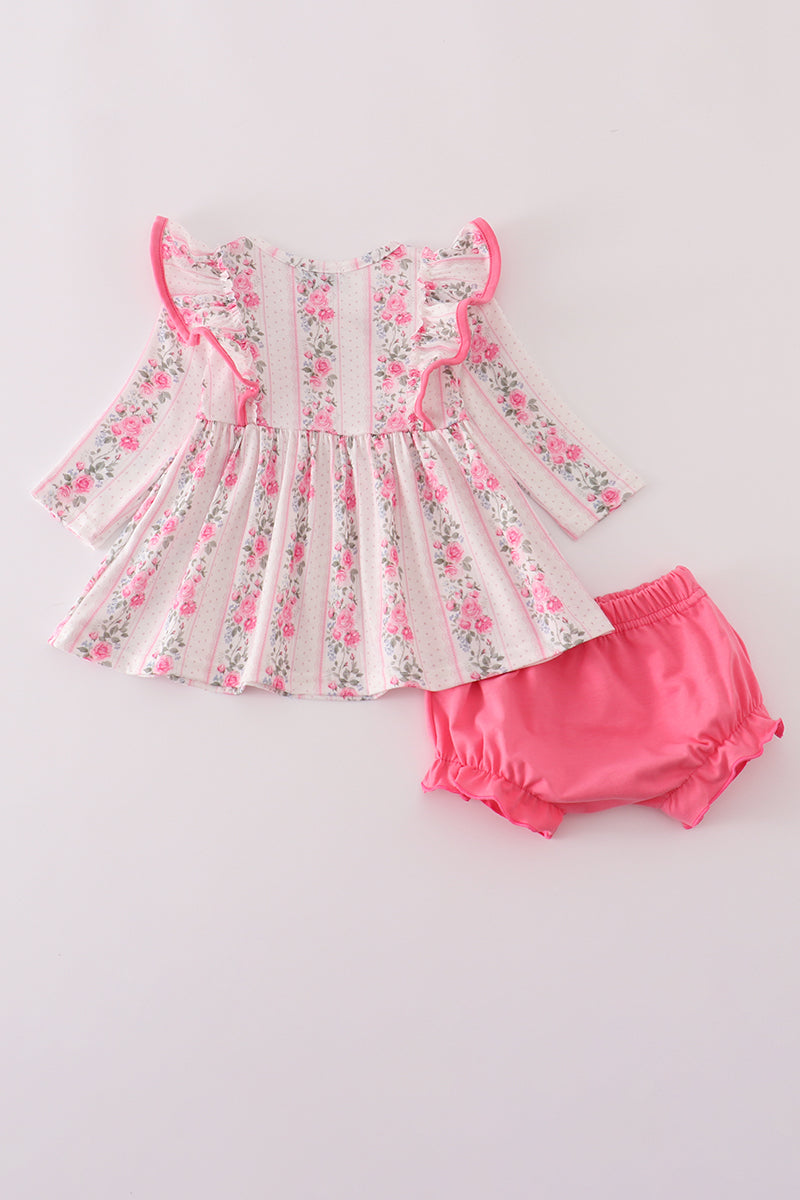 Pink floral print ruffle bloomer set