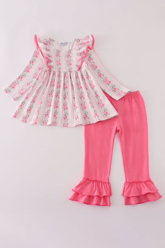 Pink floral print ruffle pants set