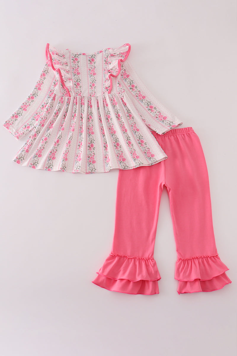 Pink floral print ruffle pants set