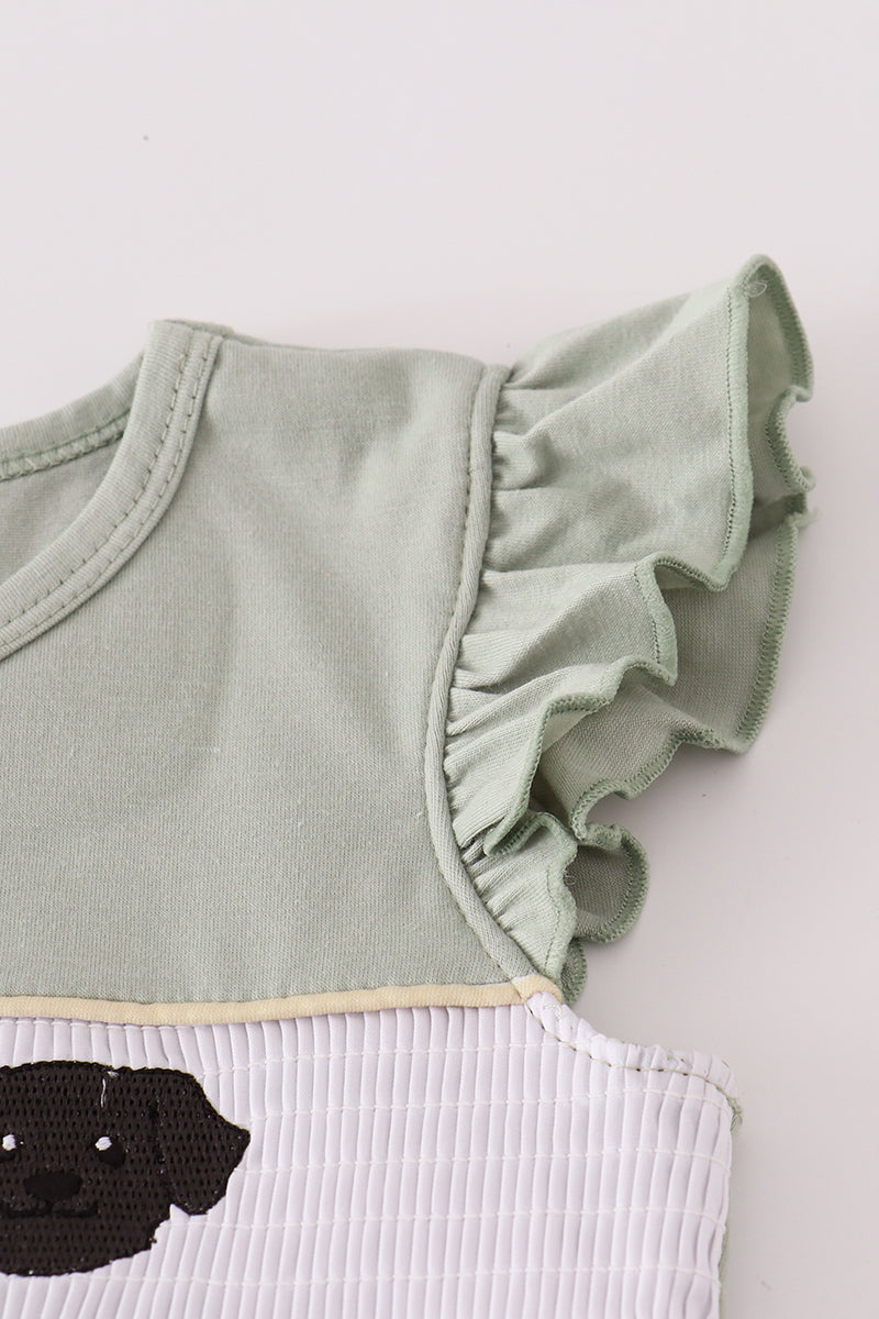 Puppy embroidery smocked ruffle pants set