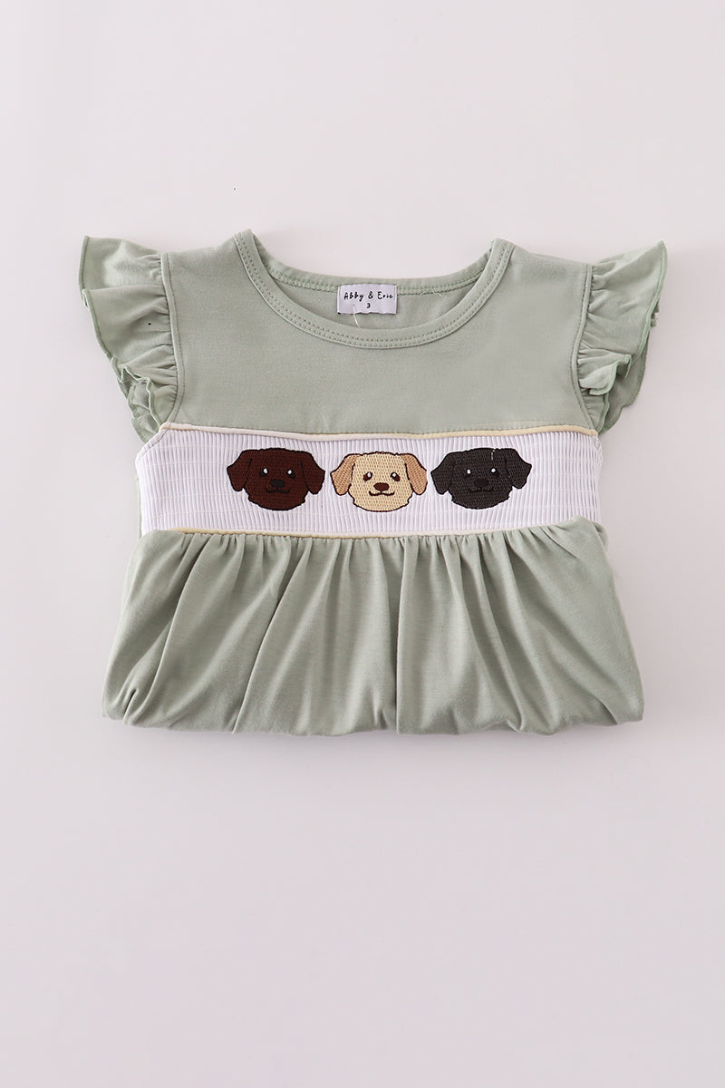 Puppy embroidery smocked ruffle pants set