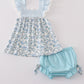 Blue bow & lace print ruffle bloomer set