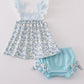Blue bow & lace print ruffle bloomer set