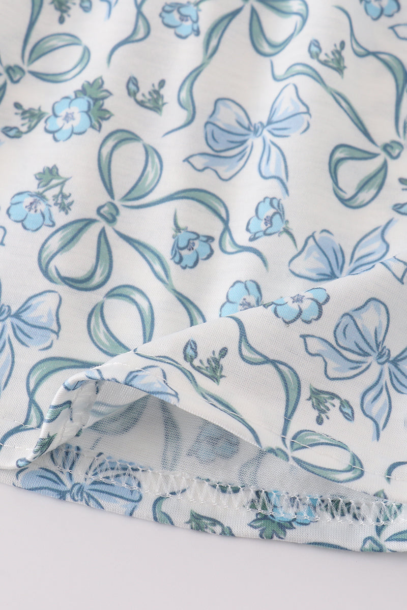 Blue bow & lace print ruffle bloomer set