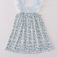 Blue bow & lace print ruffle dress